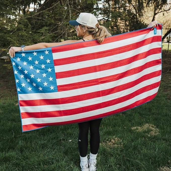 Sprints Athletic Running Towel, Full-Sized, Car Seat Cover - Performance Microfiber (American Flag w/Snaps)