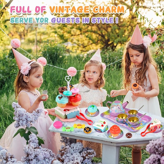 Unicorn Tea Party Set for Little Girls, Age 3 4 5 6 Year Old, Toddler Kids Kitchen Pretend Play Toys with Tin Tea Set, Cake Stand, for Girls Boys