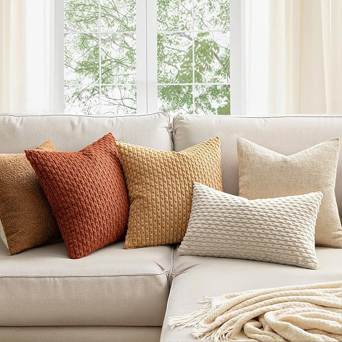 MIULEE Fall Decorative Throw Pillow Covers 26x26 Rust Textured Corduroy | Terracotta Pack of 2 Striped Pillow Covers Modern Farmhouse Autumn Home Decor for Couch Bed Sofa Living Room