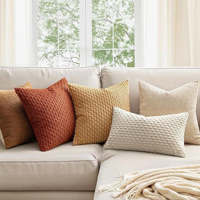 MIULEE Euro Sham Fall Decorative Throw Pillow Covers 22x22 Rust Corduroy | Terracotta Textured Striped Pack of 2 Striped Pillow Covers Modern Farmhouse Autumn Home Decor for Couch Bed Sofa Living Room