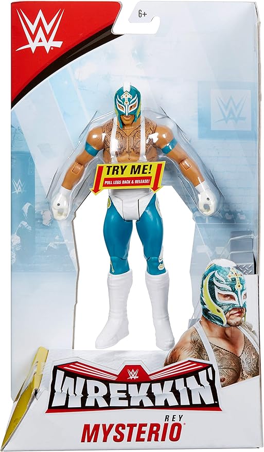 WWE Wrekkin’ Rey Mysterio 6-inch Action Figure with Pull-Back Activated Move Like Slamming, Punching or Kicking, Lock Tight Grip & Wreckable Accessory