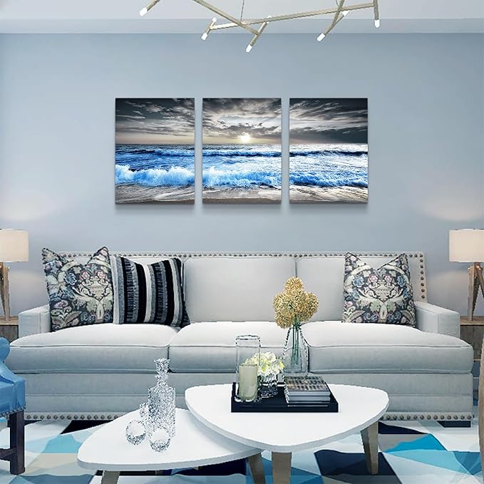 MHARTK66 3 Piece Canvas Wall Art - Blue Ocean Wave Seascape Pictures - Bedroom, Living Room, Office Wall Decor - Modern Home Decor
