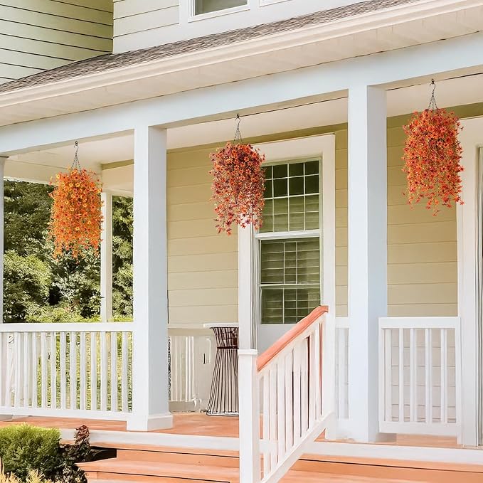 INQCMY Artificial Fake Hanging Flowers Plants for Outdoor Fall Decoration | 2PCS Faux Silk Daisy with Eucalyptus Leaves,UV Resistant Look Real for Outside Home Planter Porch Patio Yard Autumn Decor