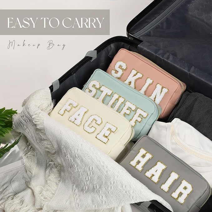 Preppy Makeup Bags Chenille Letter Stuff Bag Nylon Cosmetic Pouch Cases with Zipper for Women Travel Toiletry(Soft Color,Soft,4 Pcs)