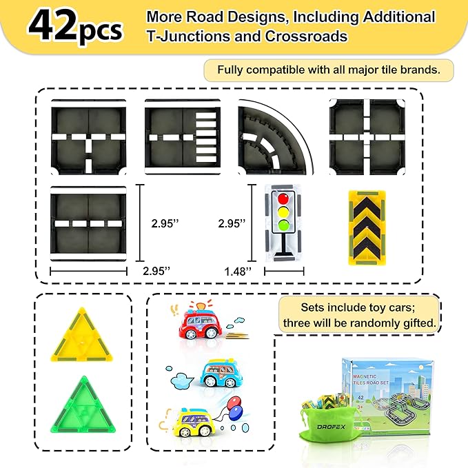 42pcs Magnetic Tiles Road, Magnetic Building Blocks City Construction Toys for 3+Year Old Boys Girls, Kids Montessori Toys for Toddler, STEM Learning Gifts
