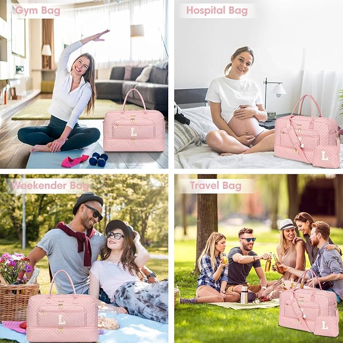 Initial Travel Duffle Bag for Women - Pink Personalized Weekender bags Overnight Bag with Shoe Compartment & Wet Pocket Weekend Tote Bags with Toiletry Bag Monogram Xmas Gifts (Letter M)