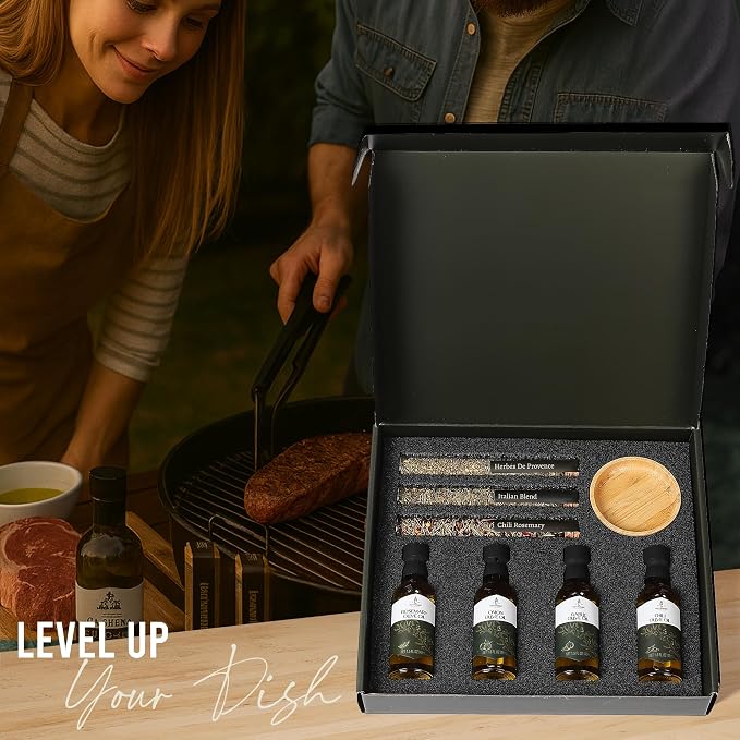 Infused Olive Oil Gift Set – Variety Pack - 4 Flavored Olive Oil Extra Virgin, 3 Spice Flavorful Infusion Blends, Bread Dipping Bowl & Recipe Booklet - Set of 8 – Gourmet Cooking Gifts for Women - Gift For Dad