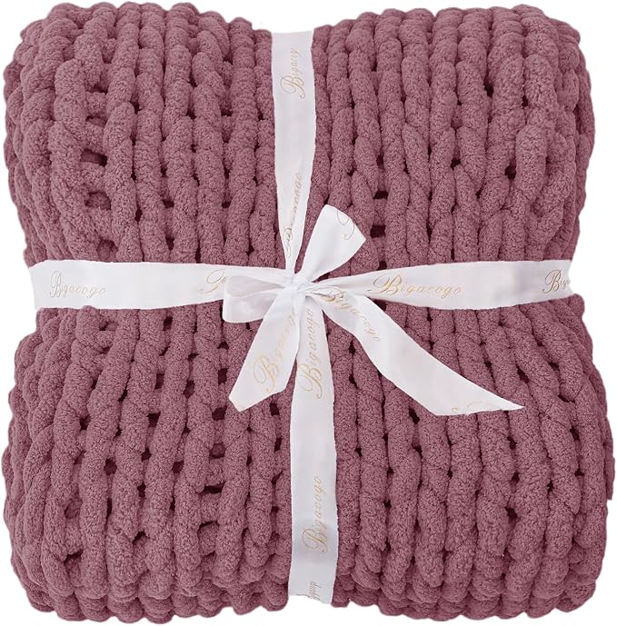 Bigacogo Chunky Knit Throw Blanket for Couch, 40x40 inches, Burnt Rose | Hand Knit with Jumbo Chenille, Soft Breathable Cable Knit for Sofa Bed Living Room, Machine Washable, Gift for Mom Friend