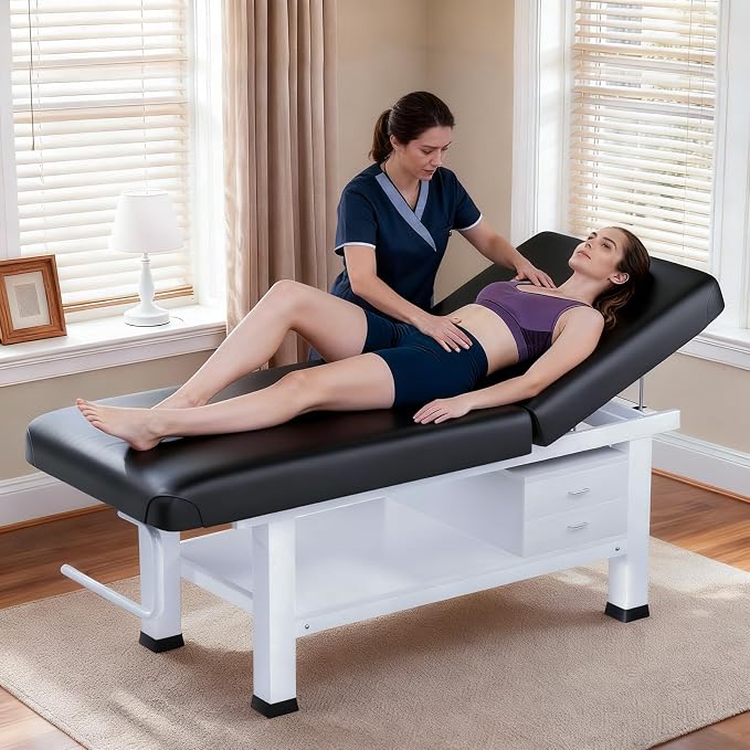 Heavy Duty Frame Professional Massage Table with Adjustable Backrest & Height Legs & Face Pillow, PU Leather, for Treatment,Physical Therapy,Spa Facial Professional Massage (Wood/With Drawers, Black)