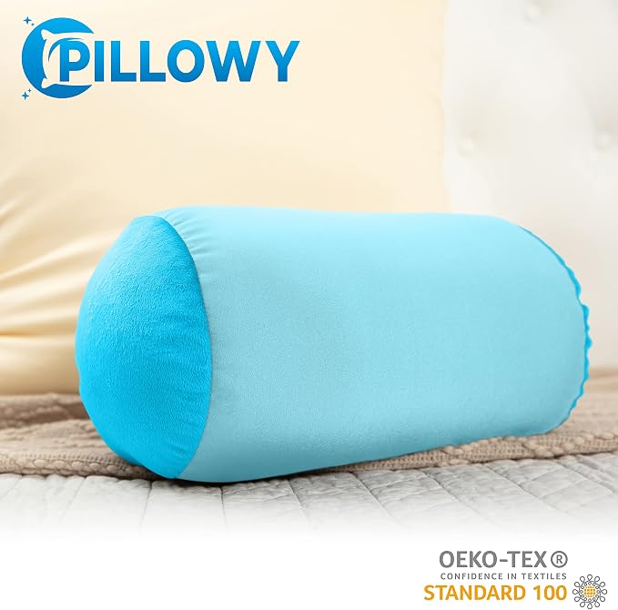 PILLOWY Microbead Bolster Neck Roll Pillow, Gently On Body, Head, Neck & Shoulders No Pain Rest, Relax Sleep - Silky Feel Prevent Wrinkles & Hair Breakage - Lightweight Cylinder, 14" x 8", Aqua Green