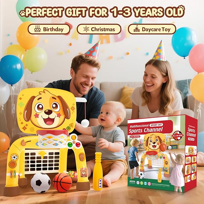 Toys for 1 Year Old Boy - Toddler Basketball Hoop & Soccer Goal & Baseball Activity Center with Light Sound Music, Puppy Montessori Sports Toy,Christmas Birthday Gift for Baby 12-18 Months,Dark Yellow
