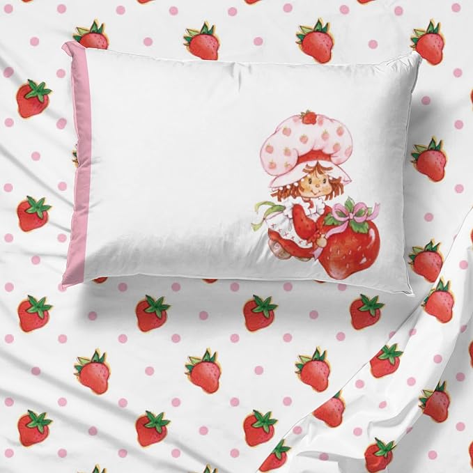 Jay Franco Kids Sheet Set with Fitted, Flat Sheets & Pillow Cover - Ultra-Soft Bedding with Pillowcase for Room Decor, White - Strawberry Shortcake, 3 Piece Twin