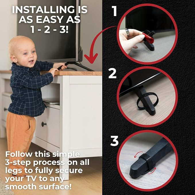 TV Anchor, No-Drill, Anti-Tip, Adhesive TV Safety Straps - Just Peel & Stick to Childproof and Babyproof Your Home 4-Pack