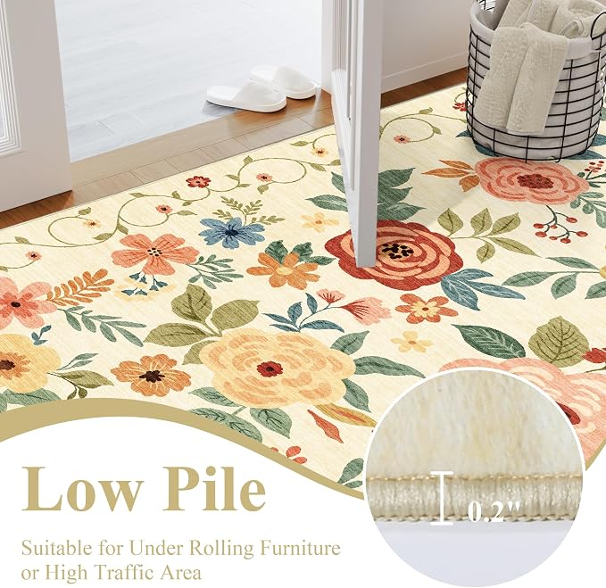 DUKINO 2.6x12 Kitchen Runner Rug, Floral Non Slip Washable Rug Beige Yellow | Low Pile, Stain Resistant, Soft Indoor Rug Runner for Hallway, Entryway, Bedroom, Bathroom, Laundry, Pet Friendly, Home Decor