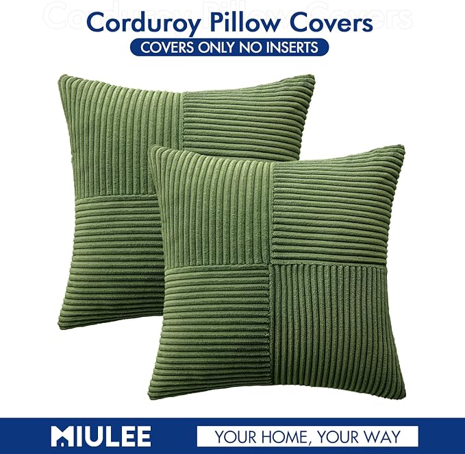 MIULEE Moss Green Decorative Throw Pillow Covers for Couch 16x16 Inch | 2 Pack, Boho Farmhouse Pillow Covers, Soft Cross Corduroy Patchwork Textured Cushion Cases For Bed Sofa