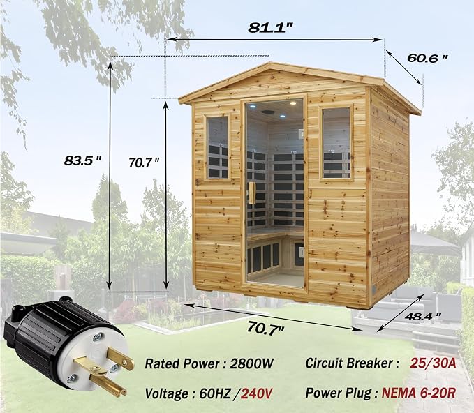 LTCCDSS Full Spectrum Outdoor Sauna 5 Person, Far Infrared Sauna, Low EMF Sauna Room for Home, Low EMF Heaters | Chromotherapys | Bluetooth Speakers | Canadian Hemlock | 81.1 * 60.6 * 83.5 in