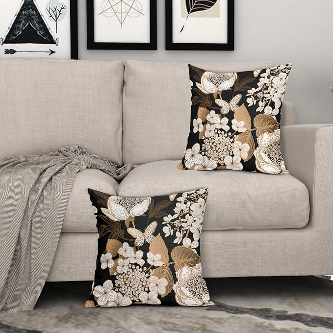 Vintage Floral Pillow Covers 24X24 Inch Set of 2 White Flowers Gold Leaves Botanical Decorative Pillow Cases Rustic Leaf Black Cotton Linen Cushion Case Farmhouse Home Decor for Sofa Couch