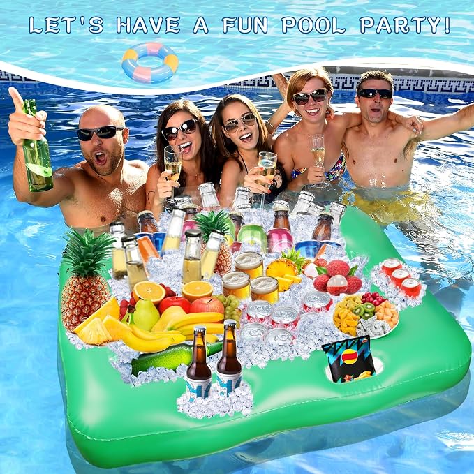 Large Floating Table for Pool Game with Waterproof Playing Cards, 53.5 x 38 in Floating Card Table for Pool with Food Drink Holders, Inflatable Floating Pool Game Table for Adults Family Party