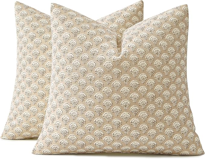 MIULEE Floral Print Decorative Pillow Covers 18x18, Cream Oatmea | Vintage Boho Farmhouse Modern Home Decor, Set of 2, Block Print Cushion Covers for Couch Sofa Bed Living Room