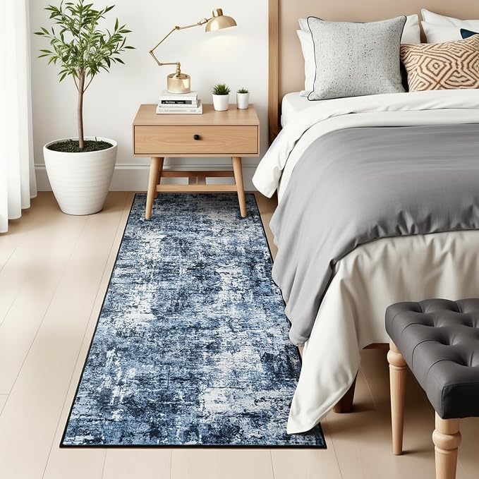 Rugflix 2x7 Runner Rug for Entryway, Washable Navy Blue Entrance Runners | Machine Washable; Stain-Resistant; Low Pile; Non-Slip; Modern Abstract; Black Carpet for Entrance Kitchen Hallway Home