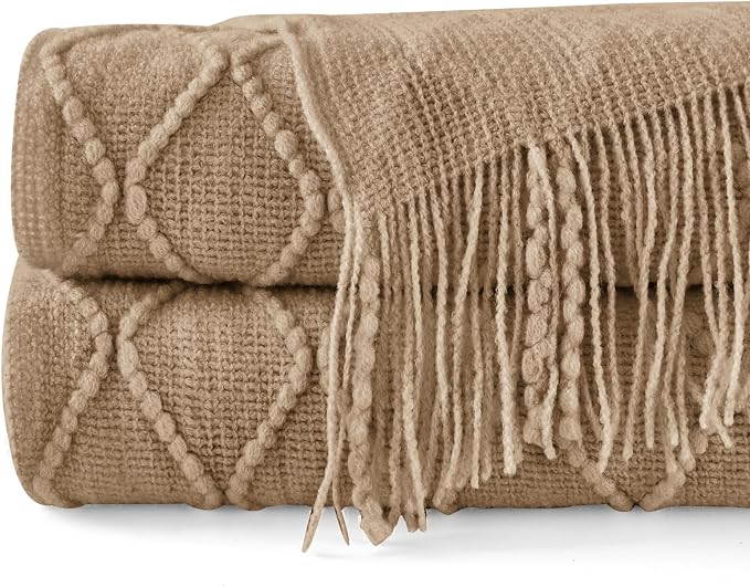 inhand Khaki Knitted Throw Blanket for Couch and Bed, 50"x60" | Soft Cozy Knit Blanket with Tassel, Lightweight Decorative Blankets and Throws, Farmhouse Warm Woven for Men and Women