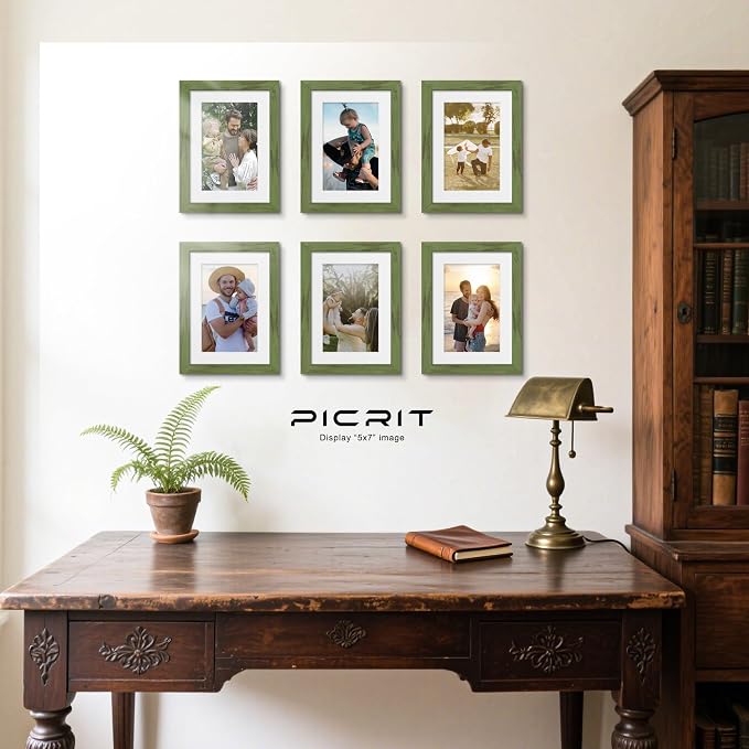Picrit 5x7 Picture Frame Set of 12, Display 4x6 with Mat or 5x7 without Mat, Photo Frames for Wall Mounting or Table Top Display, Green Wood Grain