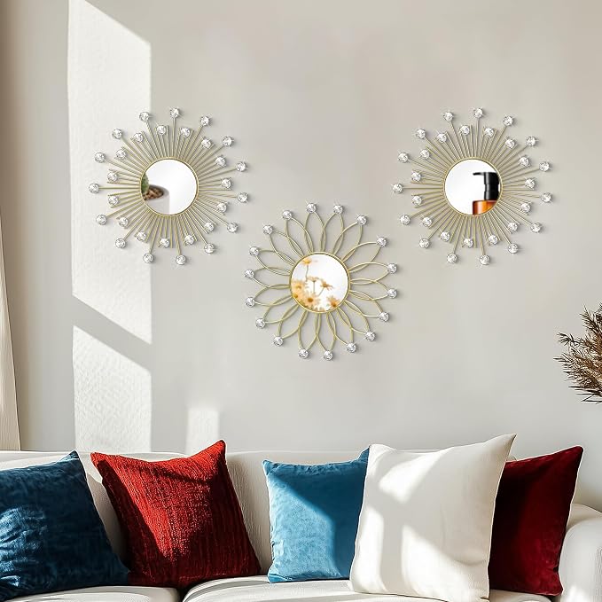 3 Pack Metal Mirrors for Wall Sunburst Wall Mirrors Home Décor Decorative Hanging Wall Art for Living Room Bedroom Entryway (Gold2 Crystal, Flower+Sunburst)