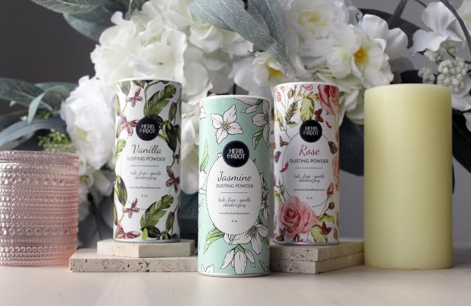 Herb & Root Talc Free Body Dusting Powders. Rose, Vanila, Sandalwood, Lavender, Jasmine, and Gift Sets (Full Size, Jasmine)