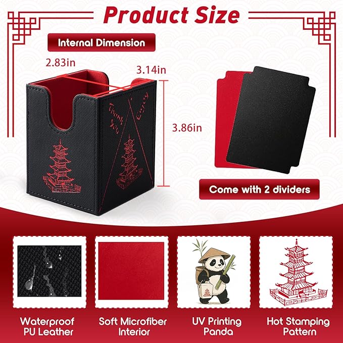 Venssu Chinese Takeout MTG Deck Box, Commander Deck Case Fits 100 Double Sleeved Cards, PU Leather Storage Box with 2 Dividers, Compatible with TCG/PTCG/EDH/Magic/Sport Cards (Black and Red)