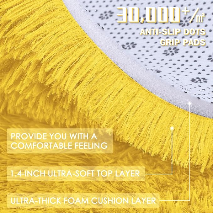 OLANLY 3x5 Machine Washable Small Bedside Rug, Soft Fluffy Shaggy Rugs for Living Room, Bedroom, Indoor Floor Carpet for Kids Girls and Boys, Preppy Dorms, Nursery, Home Decor Aesthetic, Yellow
