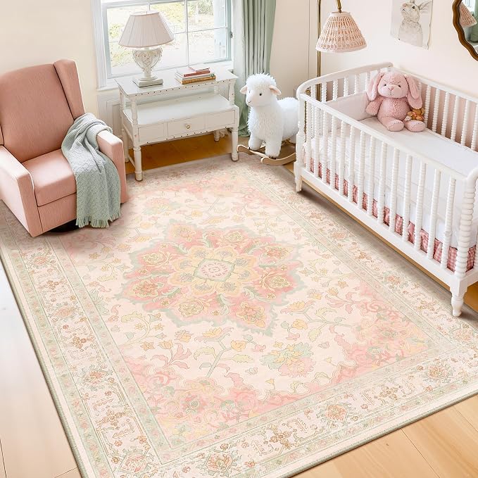 CAPALOCA 3x5 Washable Nursery Girls Low Pile Area Rug Pink Green | Non-Slip Soft Rugs for Bedroom Kids Playroom Living Room, Print Pattern Water Repellent Carpet Indoor Decor