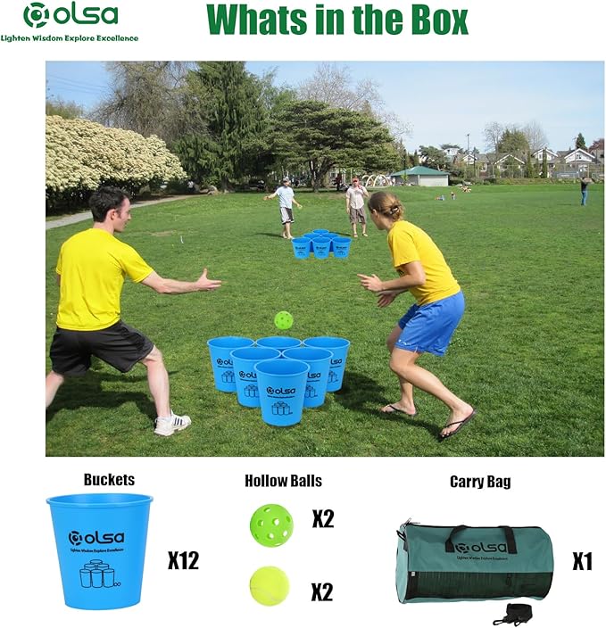Olsa Giant Yard Pong Backyard Games, Outdoor Games for Kids Adults, Giant Family Lawn Game with 12 Buckets, Balls, Carrying Bag-Party Game for Beach Camping Outdoor Party(Blue)