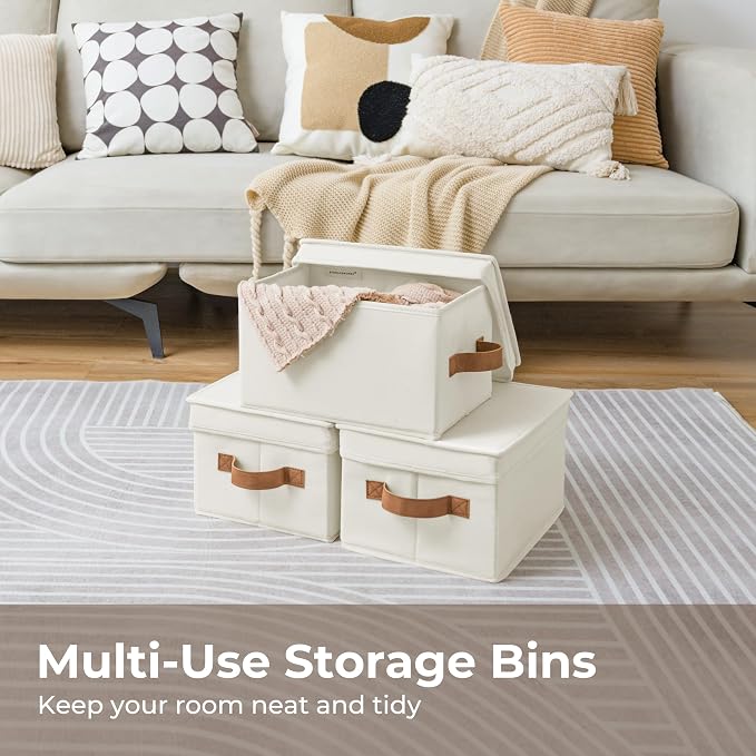 StorageWorks Storage Bins with Lids, Decorative Storage Boxes with Lid and PU Handles, Foldable Storage Baskets for Closet, Shelves, Stackable, Ivory, Medium, 3-Pack | Lidded Dust-proof, Easy Pull Handles, Foldable, Stackable, Ideal for Clothes Blanket...