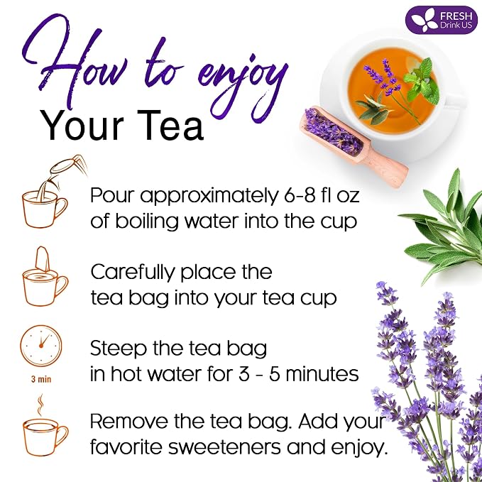 FreshDrinkUS, Premium 75 Tea Bags Lavender Mint Tea, 100% Natural, Blend of Lavender, Peppermint, Sage and Licorice. Made with Natural Material Tea Bags. No Sugar, No Caffeine, Vegan.