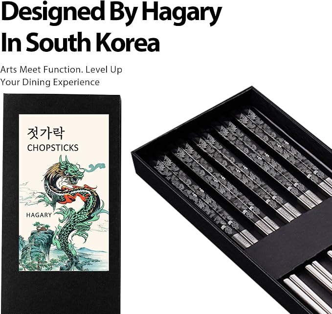 Hagary Dragon Chopsticks Metal Reusable Designed In Korea Japanese Style Stainless Steel 316 18/10 Non-Slip Dishwasher Safe Laser Etched (Black - 5 Pairs)