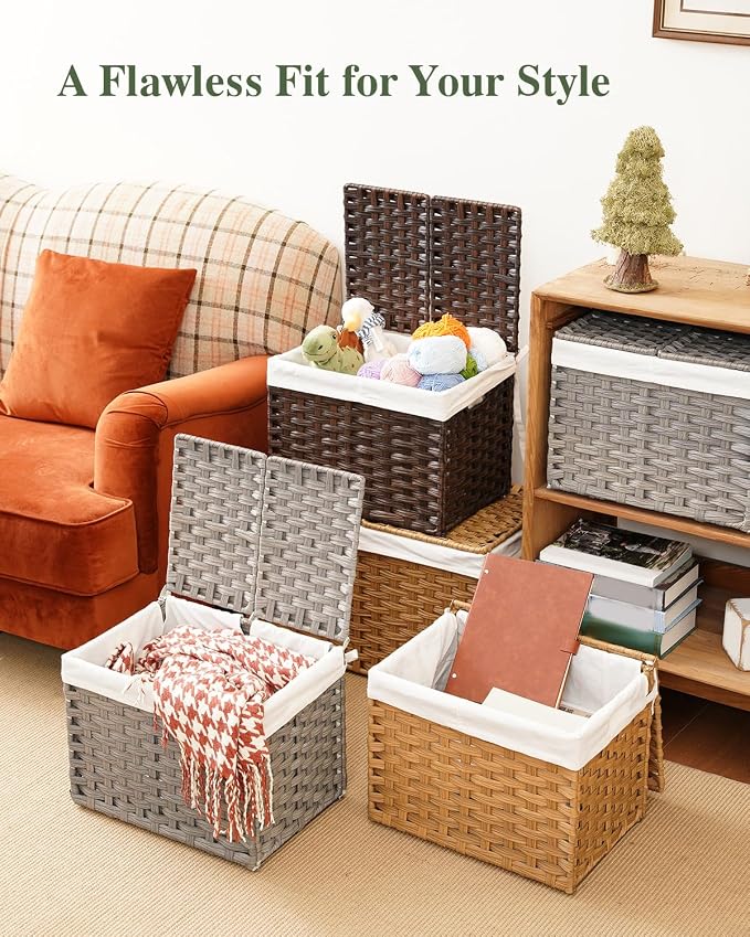 SETVSON Storage Basket with Lid, 9.2 Gal PE Rattan Trunk, Gray | Decorative PE Rattan Furniture Look for Bedroom, 2 Separate Lids, 2 Liners with Divider for Apparel & Essentials