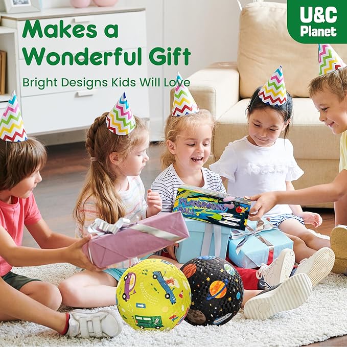 U&C Planet 2 Pack Playground Balls for Toddler Kids, 6 inch 8.5 inch Cartoon Rubber Balls with Pump, Dodgeball Kickball for Outdoor & Indoor Game, Great Gift for Boys Girls Aged 1 and Above