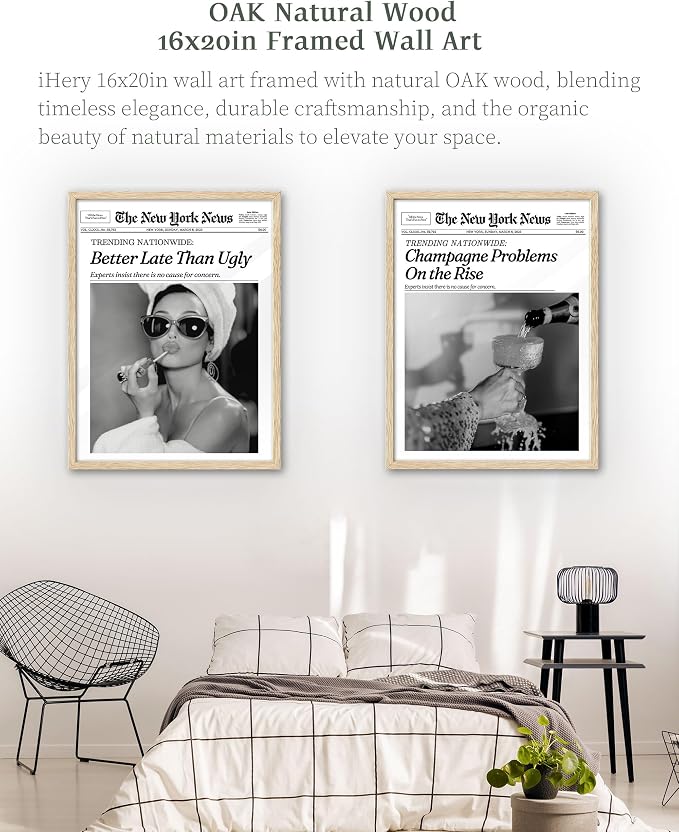 iHery 16x20in Audrey Hepburn Better Late Than Ugly Framed Bathroom Art | Natural OAK Wood Frame with Canvas Print, Vintage Fashion Wall Decor for Bathroom, Bedroom, Apartment and Girl Dorm, 1Pack