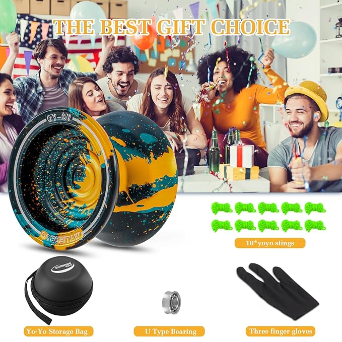WATIEOBOO Responsive Metal Yoyo Professional yoyo, Professional Unresponsive Yo yo for Adults Pro Metal Trick Yo-yo with Yo Yos Bearing Kit 10 Strings, Case & Gloves - Black Blue Orange