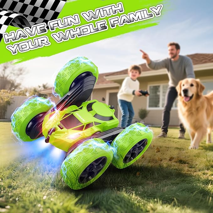 cosone Remote Control Car - RC Car Toys for Boys - 4WD 2.4Ghz Double Sided 360° Rotating RC Cars, Birthday Gifts for Kids Age 6 7 8-12 for Boys and Girls- Green