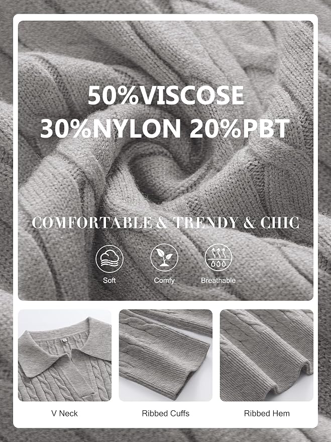 ANRABESS Womens Cable Knit Sweaters Long Sleeve V Neck | Pullover Collared Sweater Tops, Polo Knit Shirts, Business Casual Work, Tennis Golf, Fall Winter Fashion Outfits