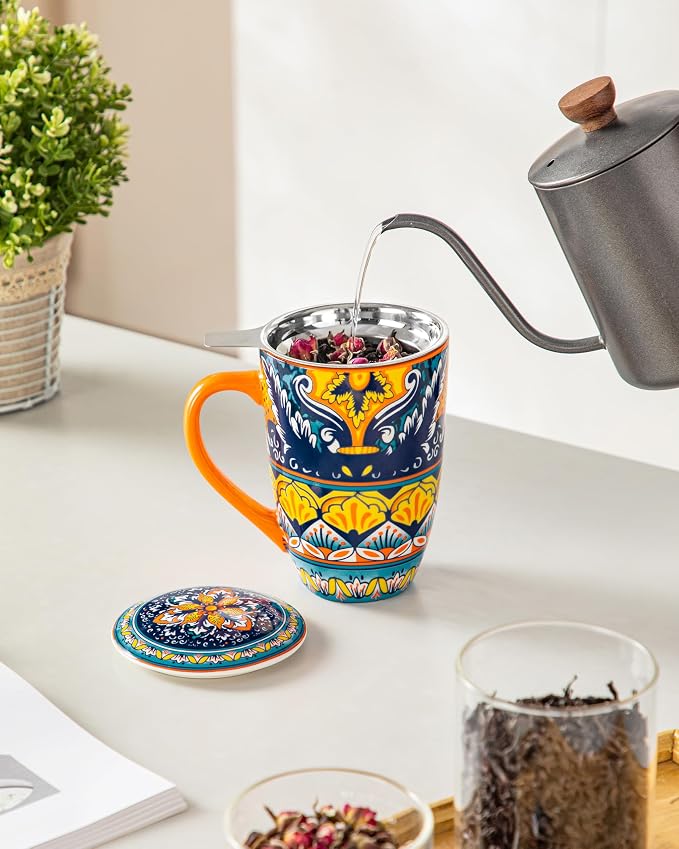 vancasso Ceramic Tea Cup with Infuser and Lid, 18 Ounce Tea Infuser Mug for Loose Leaf Tea, Microwave & Dishwasher Safe, Bohemian Mandala, Gift for Tea Lovers, Amber Iris Bloom