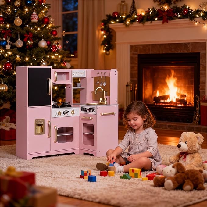 Play Corner Kitchen, Ultimate Interactive Wooden Kids Playset with Light, Light, Montessori Pretend Play Toys, Kids Cooking Playset for Girls & Boys Ages 3+(Pink)