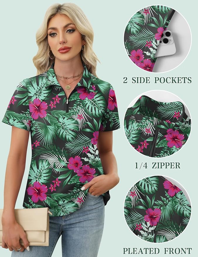 LOMON Womens Golf Polo Shirt Summer Short Sleeve Quarter Zip Outfit | Side-Pockets,Princess Seams,Cotton,Wrinkle Free,Moisture Wicking,Quick-Dry,Lightweight,Collared,for Tennis Workout