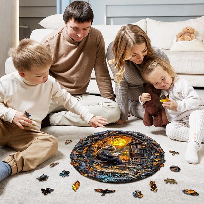 Wooden Puzzles for Adults - Reading Bear Wooden Jigsaw Puzzle, Unique Animal Shaped Wood Puzzles Adult, Christmas Birthday Gifts for Friends/Family, Home Decor 13.4 * 13.4in 280pcs