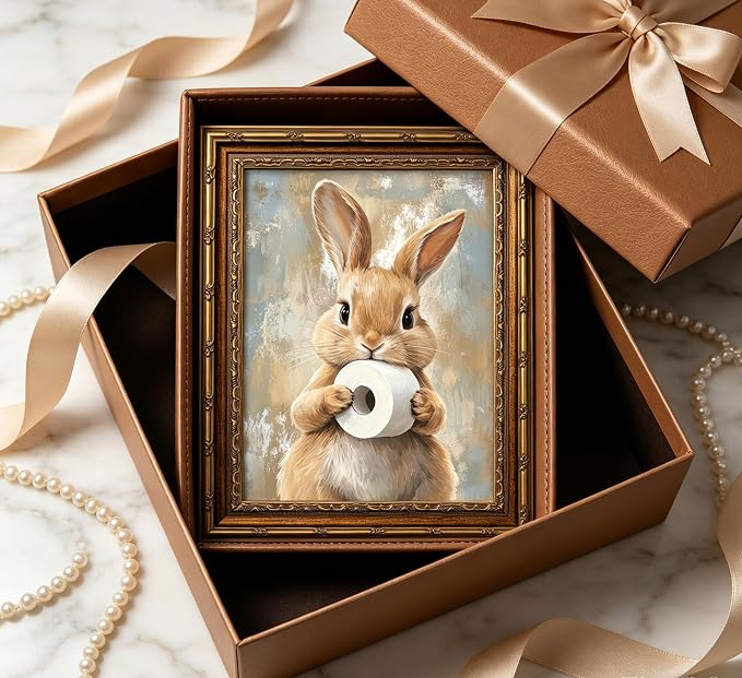Vintage Gold Framed Bunny Easter Bathroom Wall Art Funny Rabbit and Toilet Paper Painting Canvas Prints Country Animal Picture Wall Decor Rustic Farmhouse Poster Artwork for Restroom Toilet Washroom
