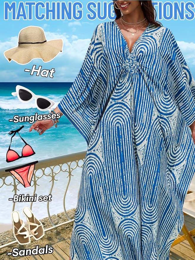 ChiaoLezhee Print Moo-Moos for Women, Kaftan Cover-Up Dresses, Sexy V-Neck High-Slit, Beach Pool-Party Coverups Muumuu Plus
