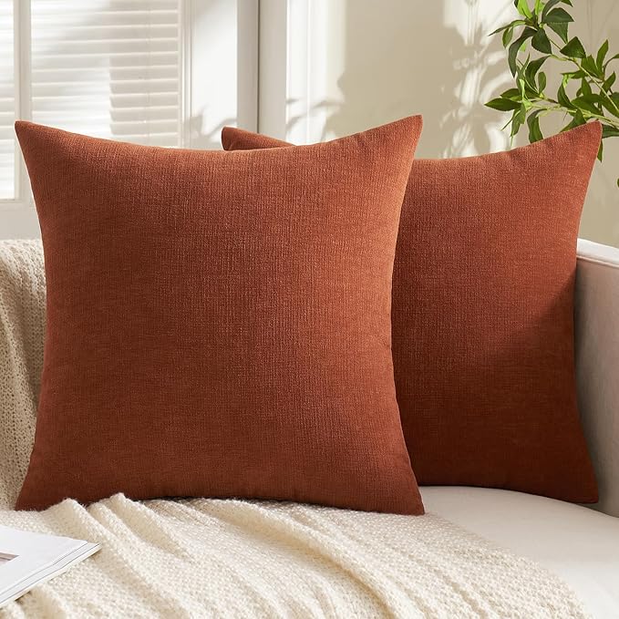 MIULEE Fall Rust Chenille Couch Euro Throw Pillow Covers, 22x22 | Set of 2, Soft Farmhouse Modern Home Decor, Decorative Pillowcases for Sofa Living Room Bed