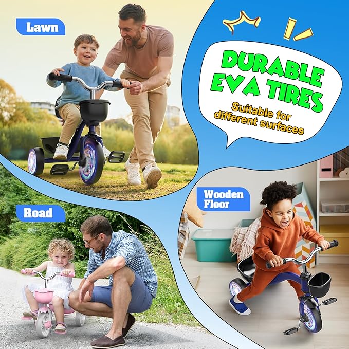 Toddler Tricycle for 1-3 3-4 Year Olds, Toddler Baby Bike, 2 3 4 Year Old Boys Girls Birthday Gifts, Outdoor Riding Toys for Ages 2-4, 3-Level Adjustable Seat, 3 Color Light Wheels, 2 Baskets
