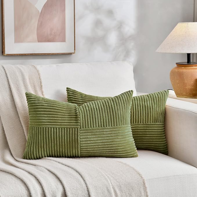 Fancy Homi 2 Packs Moss Green Lumbar Decorative Throw Pillow Covers 14x24 Inch for Couch Bed, Rustic Farmhouse Boho Home Decor, Soft Striped Corduroy Rectangle Accent Cushion Case 35x60 cm